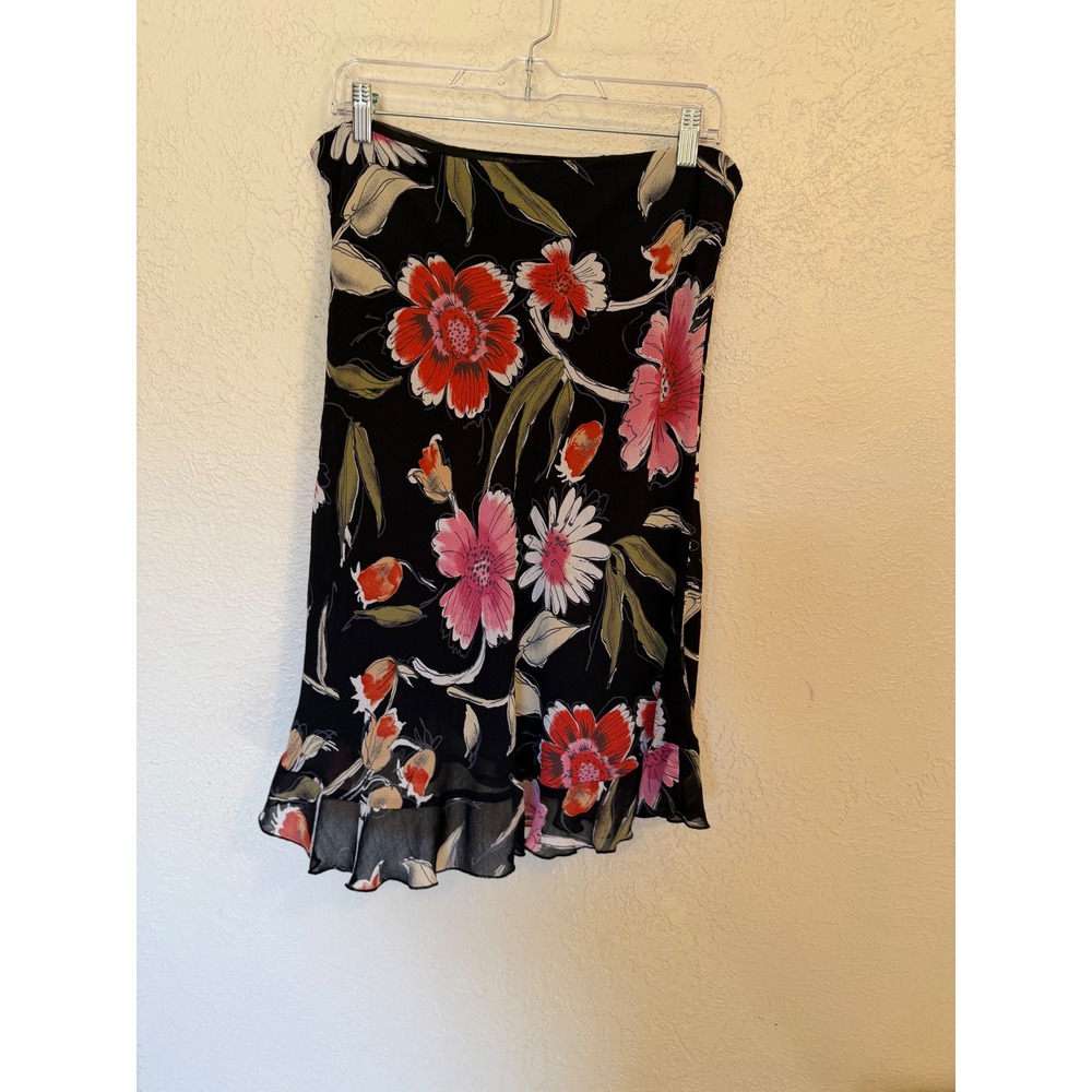 Sharon Anthony Floral Midi Skirt Black Red Pink Ruffle Hem Size 10 2J-M8200T